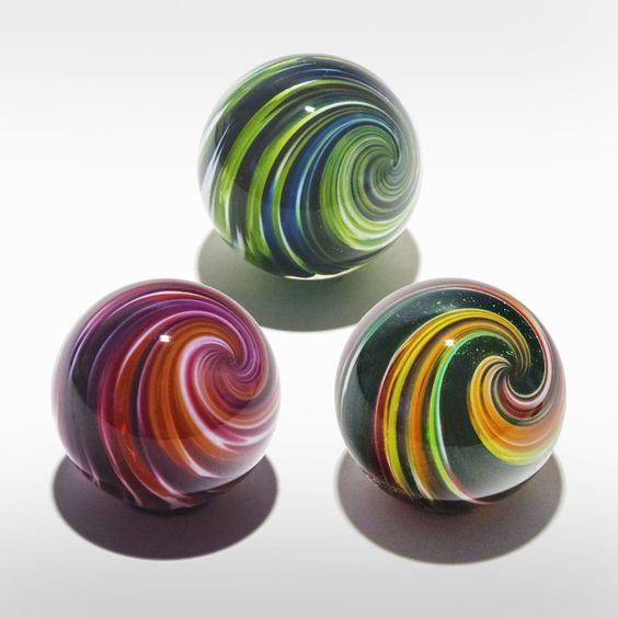 Set of Three Onion Skin Marbles by Michael Trimpol and Monique LaJeunesse - Lime Turquoise Cranberry, Cool Lime & Ocean (Art Glass Paperweight)